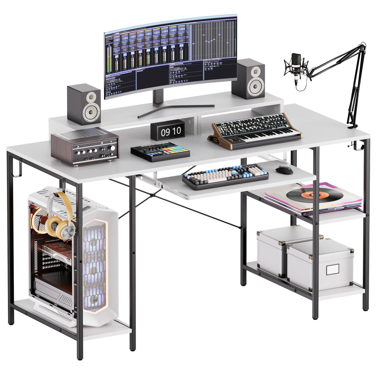 HYPIGO Computer Desk with Keyboard Tray, 55 Inch Music Studio Desk Music Production Desk with Storage Shelves Monitor Stands and 4 Iron Hooks, Workstation Gaming Table for Home Office