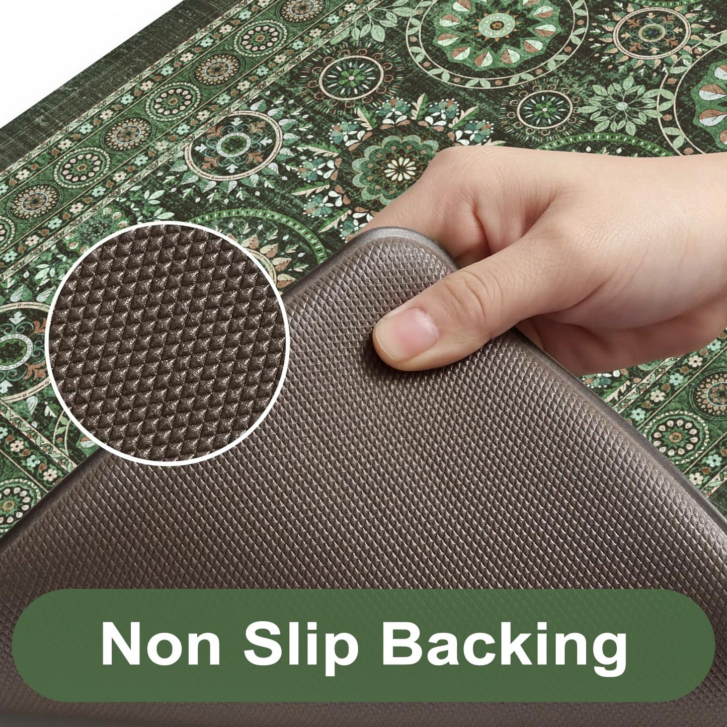 KIMODE Anti Fatigue Kitchen Mats for Floor 2 Piece Cushioned Boho Kitchen Rugs Memory Foam Kitchen Floor Mats Standing Desk Mats for Laundry Office Sink Green 17"x47"+17"x29"