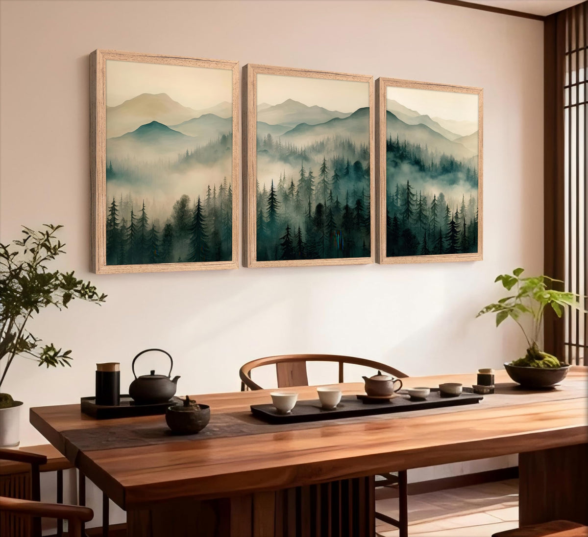 Framed Misty Mountain Forest Wall Art Set, Mordern Calming Pine Forest Oil Painting Canvas Prints, Smoky Mountain Landscape Wall Decor, Green Natural Scenery Poster for Living Room Bedroom Office
