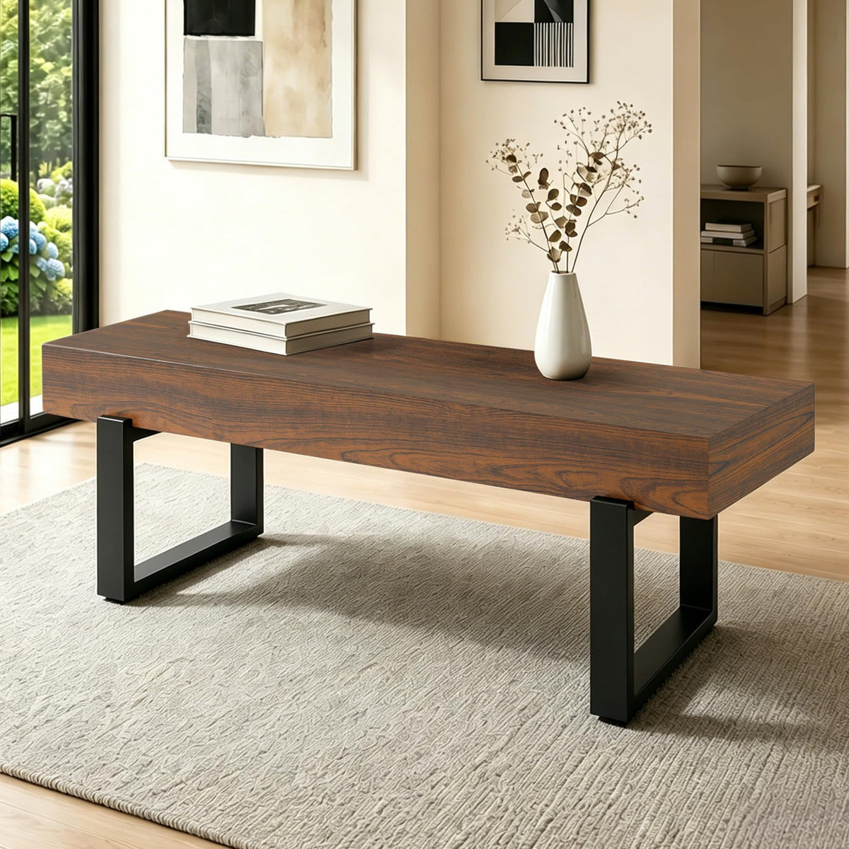 GDFStudio Modern Wooden Bench with Metal Legs, Entryway Shoe Bench Indoor, Dining Seating Bench with Thick MDF Top, Industrial Style Bedroom Bench, Sturdy Multi Use Furniture, Espresso