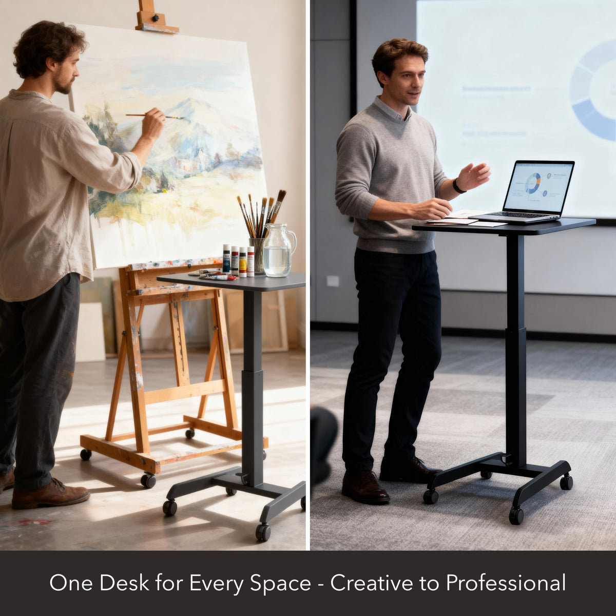 Mount-It! Rolling Laptop Desk Adjustable Height (29.6”-44.2”), Mobile Workstation Cart with 23.6” x 20.5” Desktop, Small Sit-Stand Desk for Home, Office, or Classroom in Black