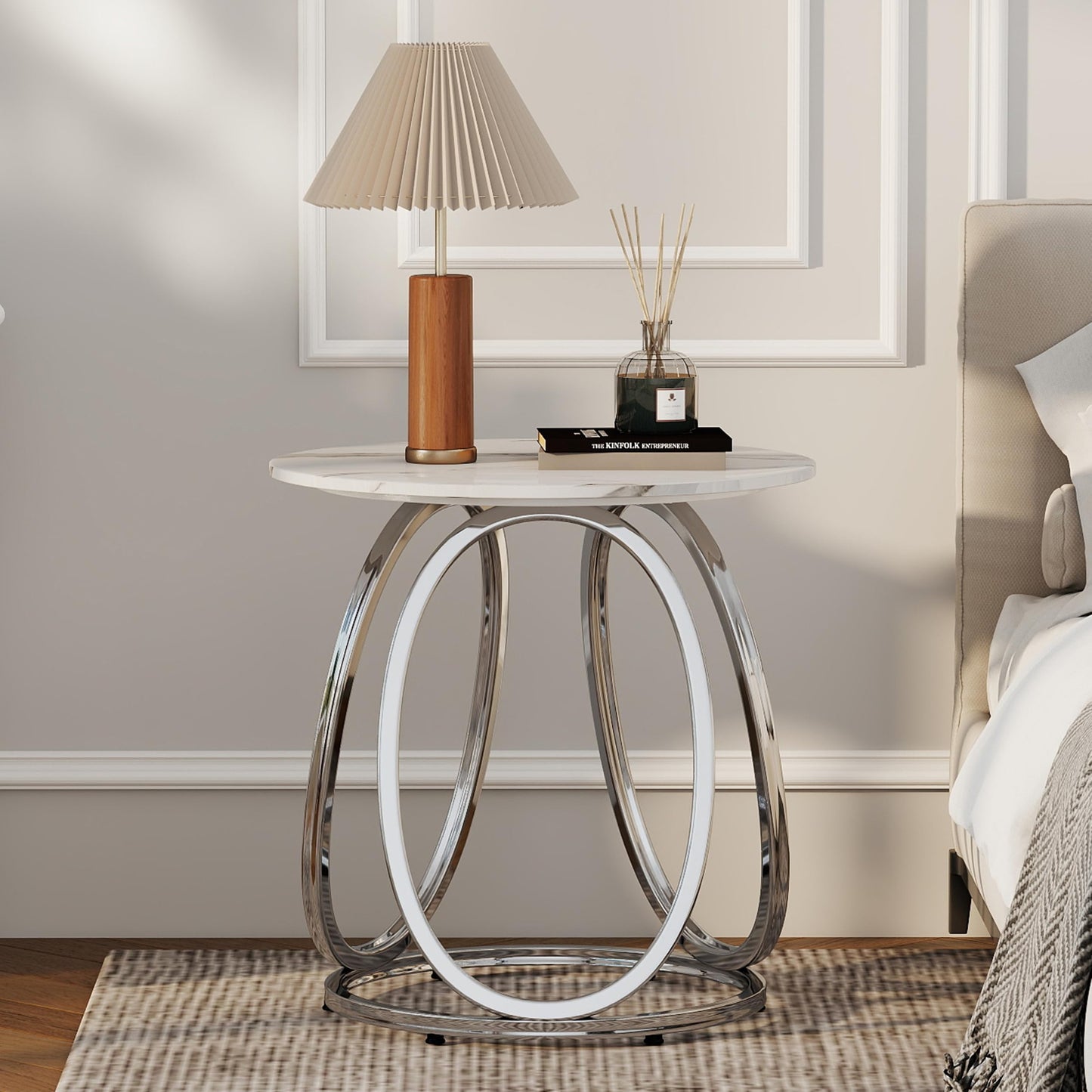 O&K FURNITURE Silver End Table, Round Side Table with Faux Marble Veins, Modern Nightstand for Bedroom, Living Room, Home Office, 1PC