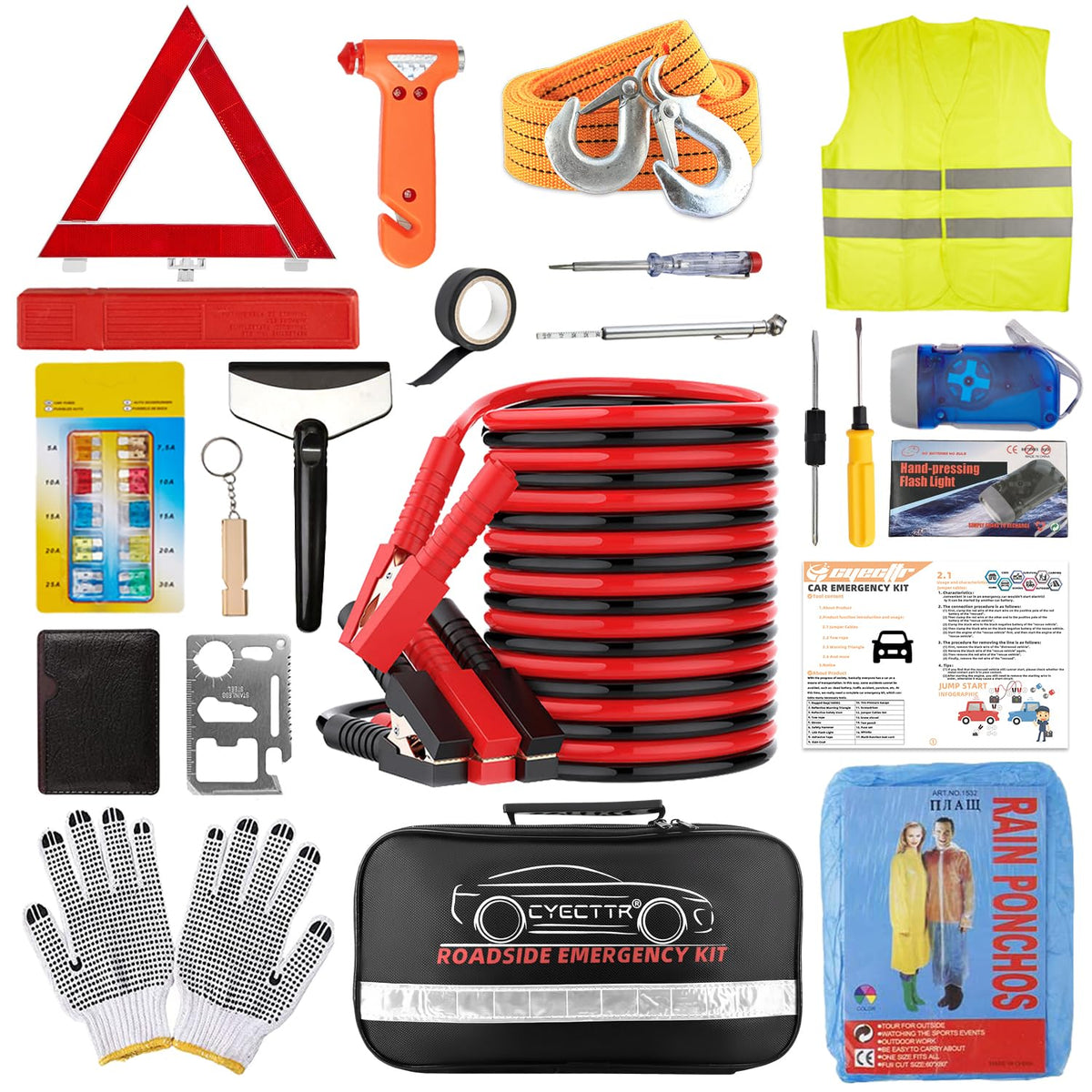 CYECTTR Car Roadside Emergency Kit,Auto Vehicle Truck Safety Emergency Road Side Assistance Kits with Jumper Cables,Safety Hammer,Reflective Warning Triangle,Tire Pressure Gauge,Tow Rope,etc