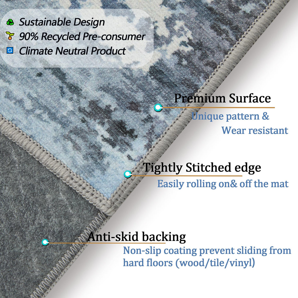 Office Chair Mat for Hardwood Floor, 0.2” Thick Non-Slip Desk Rug, Silent Glide Floor Protector for Rolling Chairs, Easy-Clean Surface, Silent Glide Mat for Tile & Laminate, Blue Gray Mist