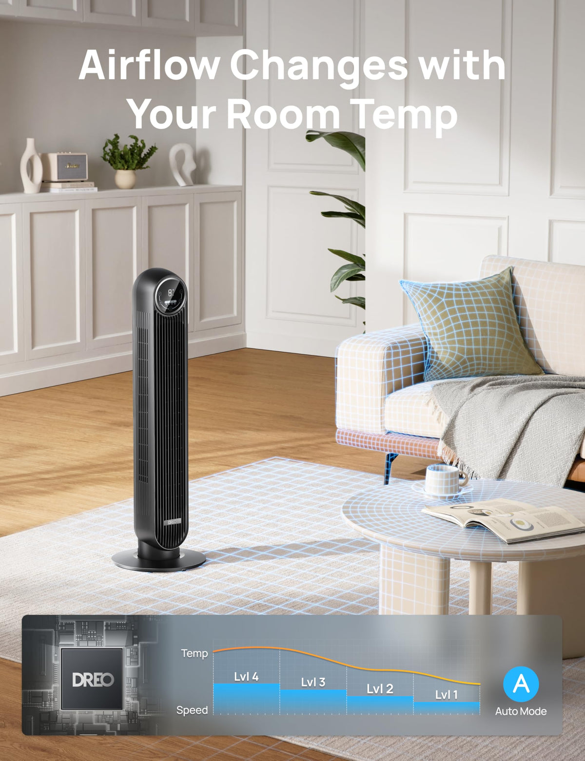 DREO Tower Fan for Bedroom, 2026 Upgraded DC Motor, 28ft/s High Velocity, 20dB Ultra Quiet Standing Fan, 8 Speeds 4 Modes, 90° Oscillating Bladeless Fan for Indoors, Floor Fans with Remote, Black
