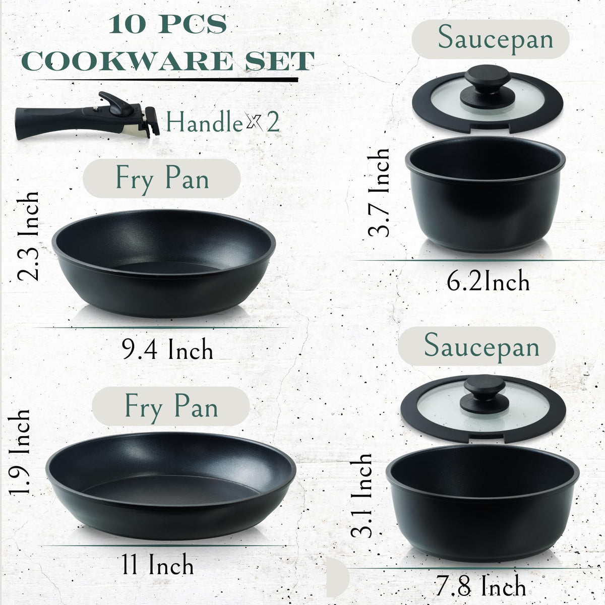 Moss & Stone 10pcs Nonstick Cookware Pans with Removable Handles, Space Saving Pots and Pans with Removable Handles, RV Pots and Pans Set for Camping, Oven and Induction Ready