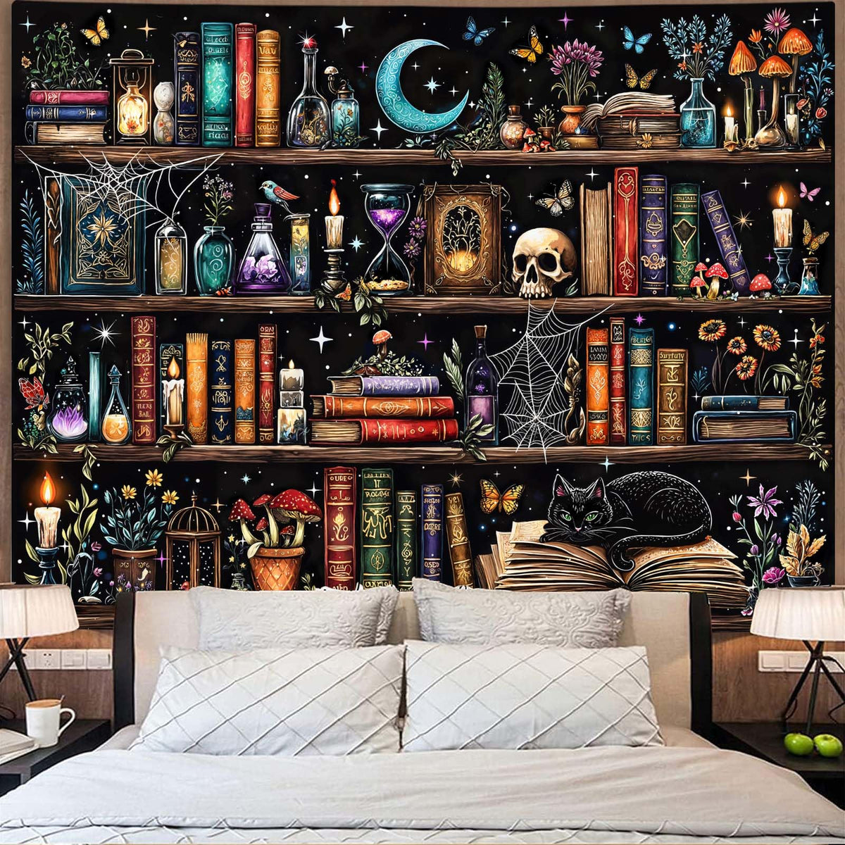 Motanber Witchy Bookshelf Tapestry Magic Gothic Witch Library Tapestries Wall Hanging Vintage Mushroom Skull Black Cat Dark Academia Book Large Tapestry for Bedroom Living Room Dorm 80 x 60 inch