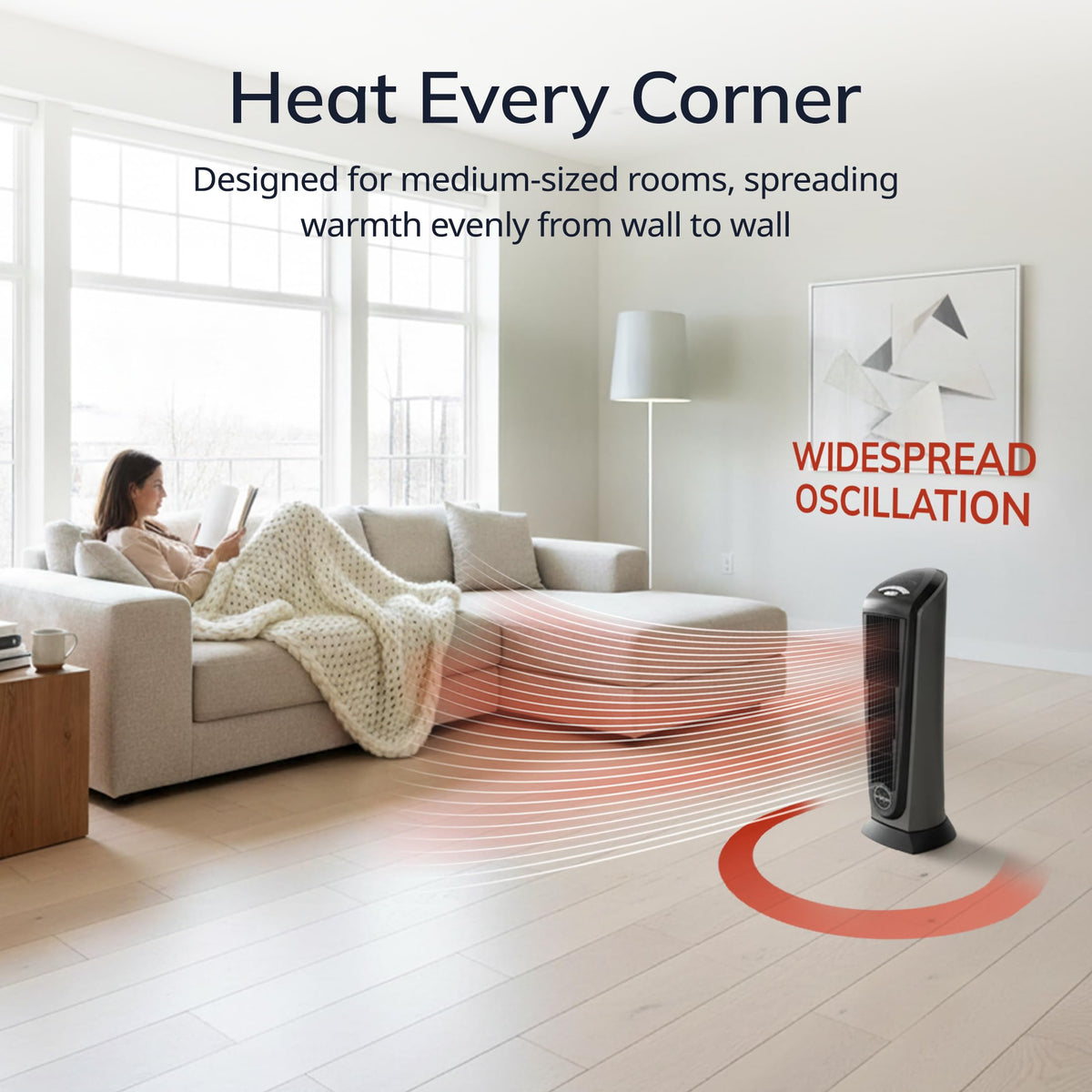 Lasko 1500W Ceramic Tower Space Heater with Remote, Thermostat, Timer & Widespread Oscillation, Portable Electric Heater for Indoor Use, Bedroom & Living Room, 751320
