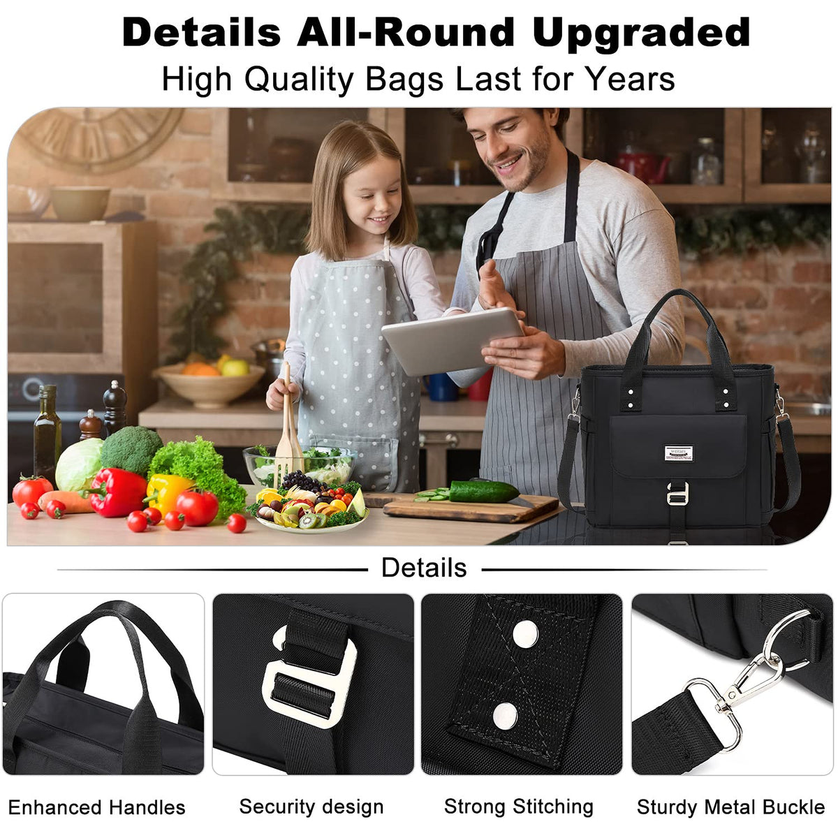 Weitars Insulated Lunch Bag for Men Women,Leak Proof Lunch Box for Work,Extra Large Lunch Tote Bag With Removable Shoulder Strap with Side Pockets,Reusable Lunch Cooler Purse For Picnic Hiking