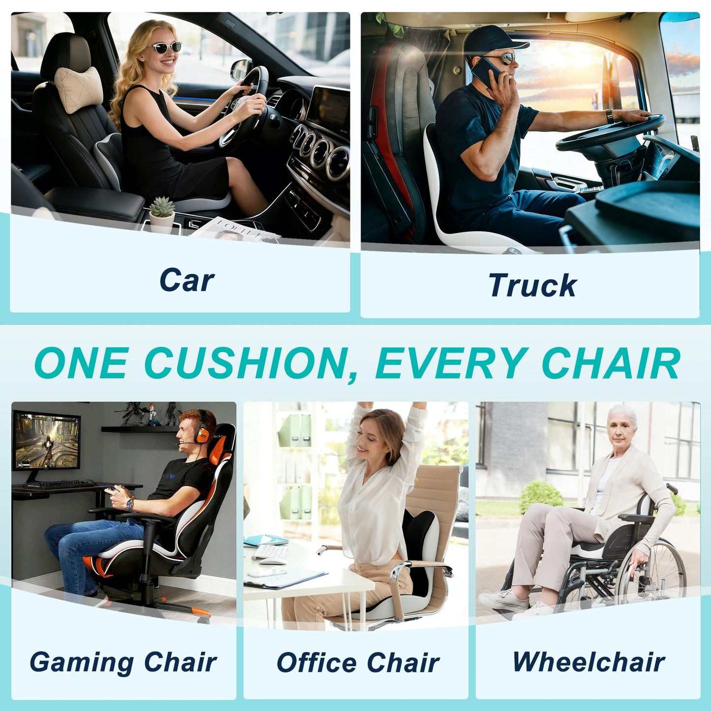 BANKQF Seat Cushion for Office Chair and Car, Lumbar Support Pillow for Office Chair, Memory Foam Ergonomic Seat Cushion for Long Sitting, Back & Tailbone Pain, Sciatica - Dark Gray & Light Gray