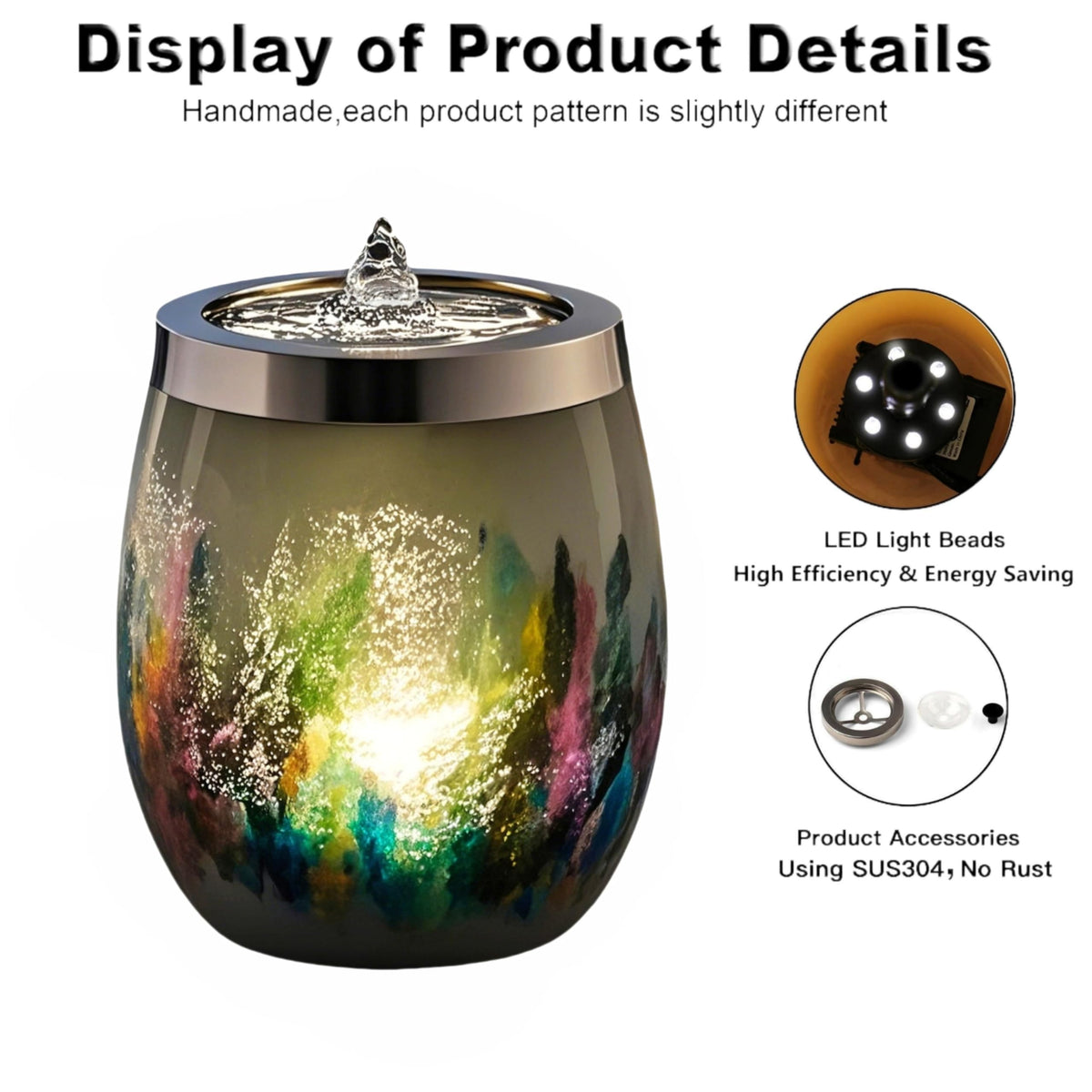 VOREEN Handblown Art Glass Tabletop Fountain, Quiet USB Desk Water Feature for Home & Office, Artisan-Made Landscape Glass Water Design with Soft White Ambient Glow, Collectible Décor Gift – Grey
