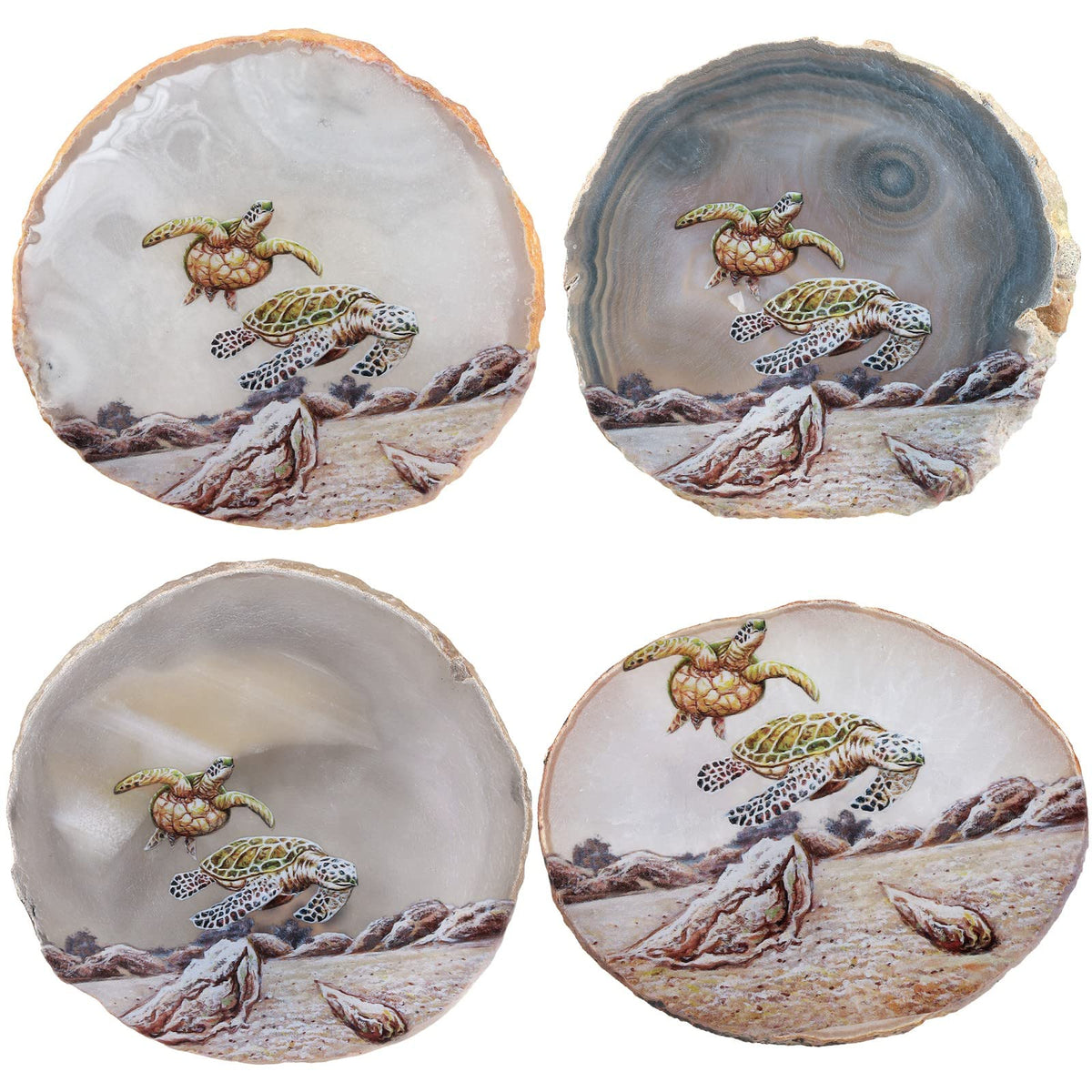 TUMBEELLUWA Natural Irregular Agate Slice Painting Decor with Wooden Stand Agate Geode Slab for Desk Hallway, Sea Turtle