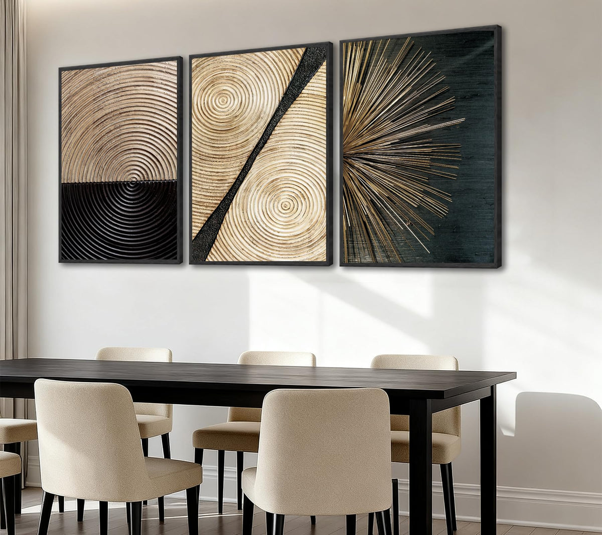 3Pcs Retro Wood Grain Canvas Wall Art Minimalist Black Gold Abstract Line Painting Pictures Wall Decor Neutral Geometric Beige Brown Poster Prints for Bedroom Office Decoration 12x16in Unframed