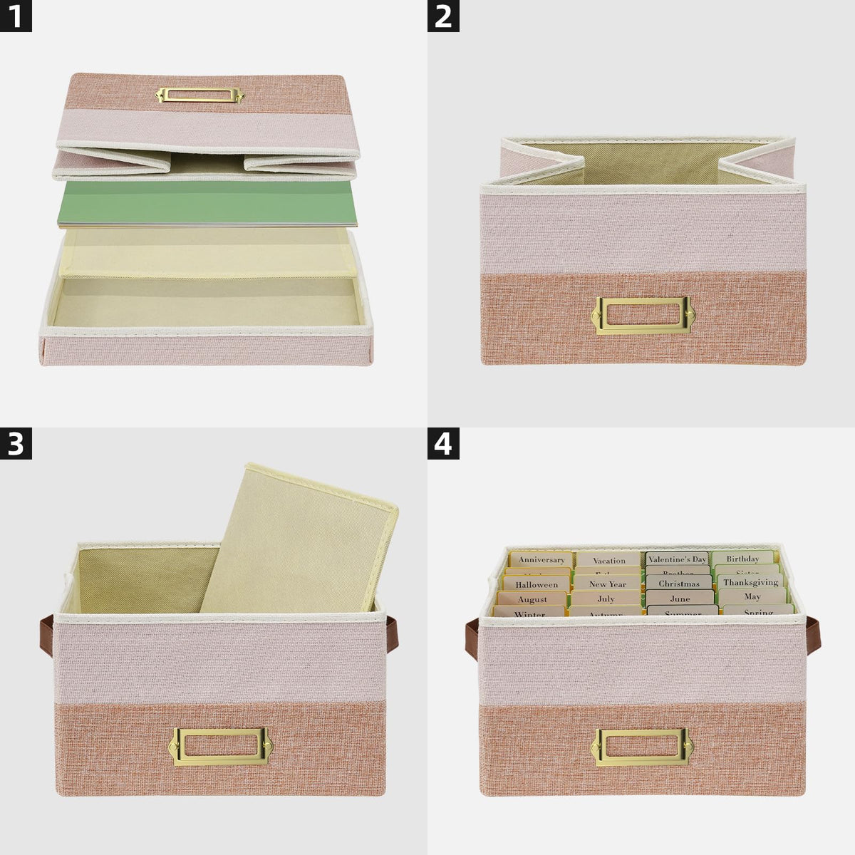 Vienrose Greeting Card Organizer Box with 20 Removable Dividers, 84 Self-Adhesive Labels, Foldable Storage Box Great for Greeting Cards, Photos, Envelopes, Stickers, Postcards Light Pink&Lotus
