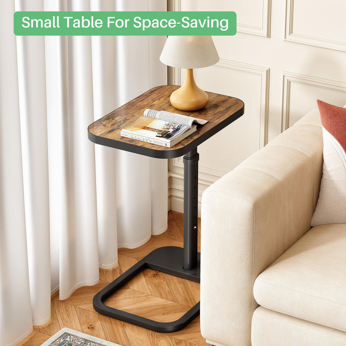 Kitstorack Adjustable Height C-Shaped End Table, 9-Level Side Table with Metal Rounded Edge, Couch Table that Slides Under Sofa or Bed for Eating, Working, and Drinks, TV Tray for Small Spaces, Brown