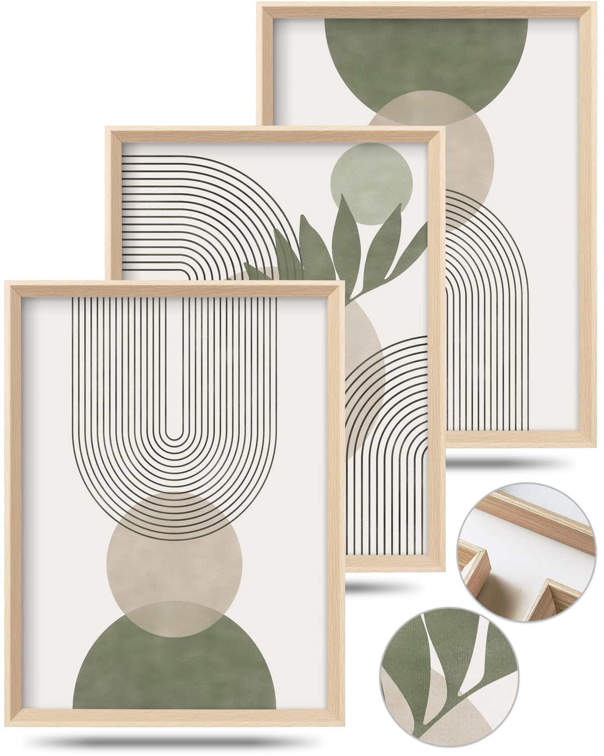 HesenDot Boho Sage Green Framed Wall Art, 12x16in High Framed Design Canvas Prints Wall Decor,Minimalist Abstract Green Poster Home Decoration for Living Room Bedrrom Gallery Office,Set of 3