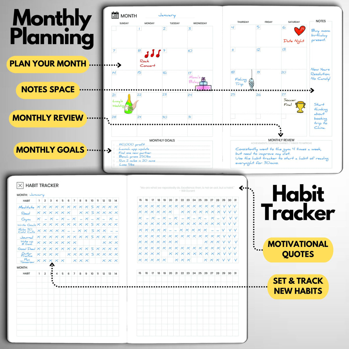 Wyze Planner Undated Daily Planner – 6-Month A5 Productivity Organizer with Full Page Per Day, Hourly Schedule, Goal Setting, Habit Tracker, Weekly & Monthly Pages – Hardcover Time Management Notebook (Gray)