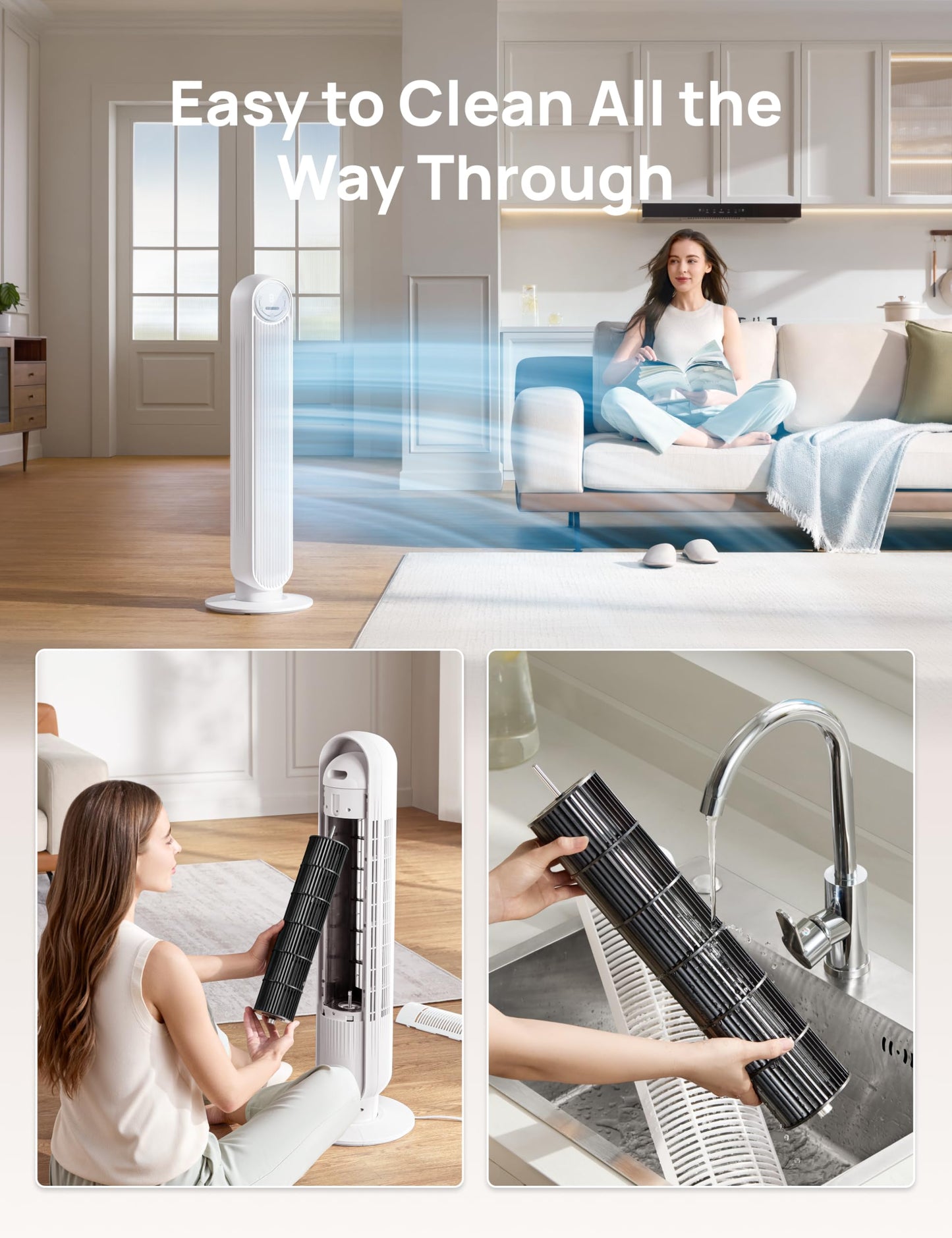 DREO Tower Fan for Bedroom, 25ft/s Velocity Quiet Floor Fan, 90° Oscillating Fans for Indoors with 4 Speeds, 4 Modes, 8H Timer, Standing Fans, Bladeless Fan, White (DR-HTF007)