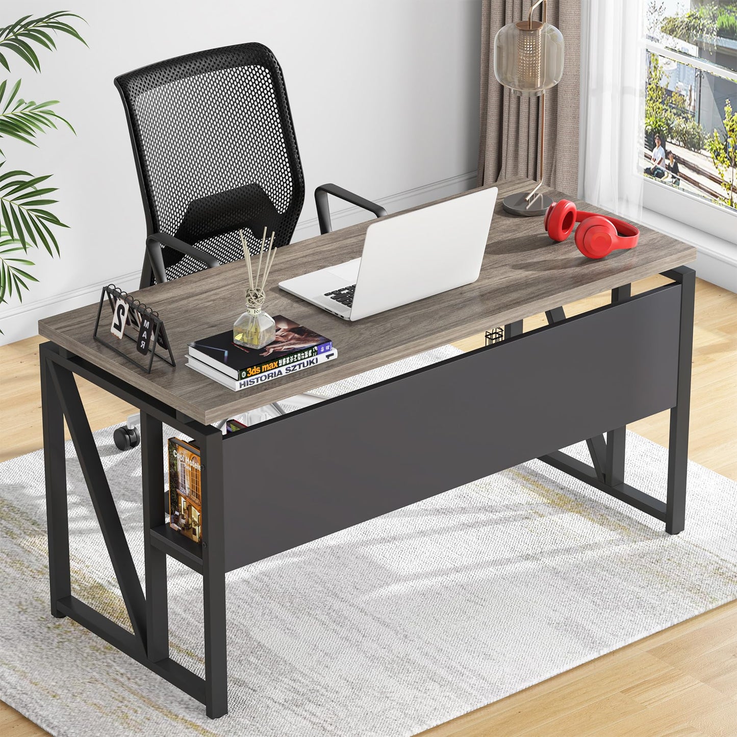 Tribesigns Grey Executive Desk with Cabinet, 55" L Shaped Computer Desk and lateral File Cabinet with Locks, 2 Piece Home Office Furniture Set for Hanging
