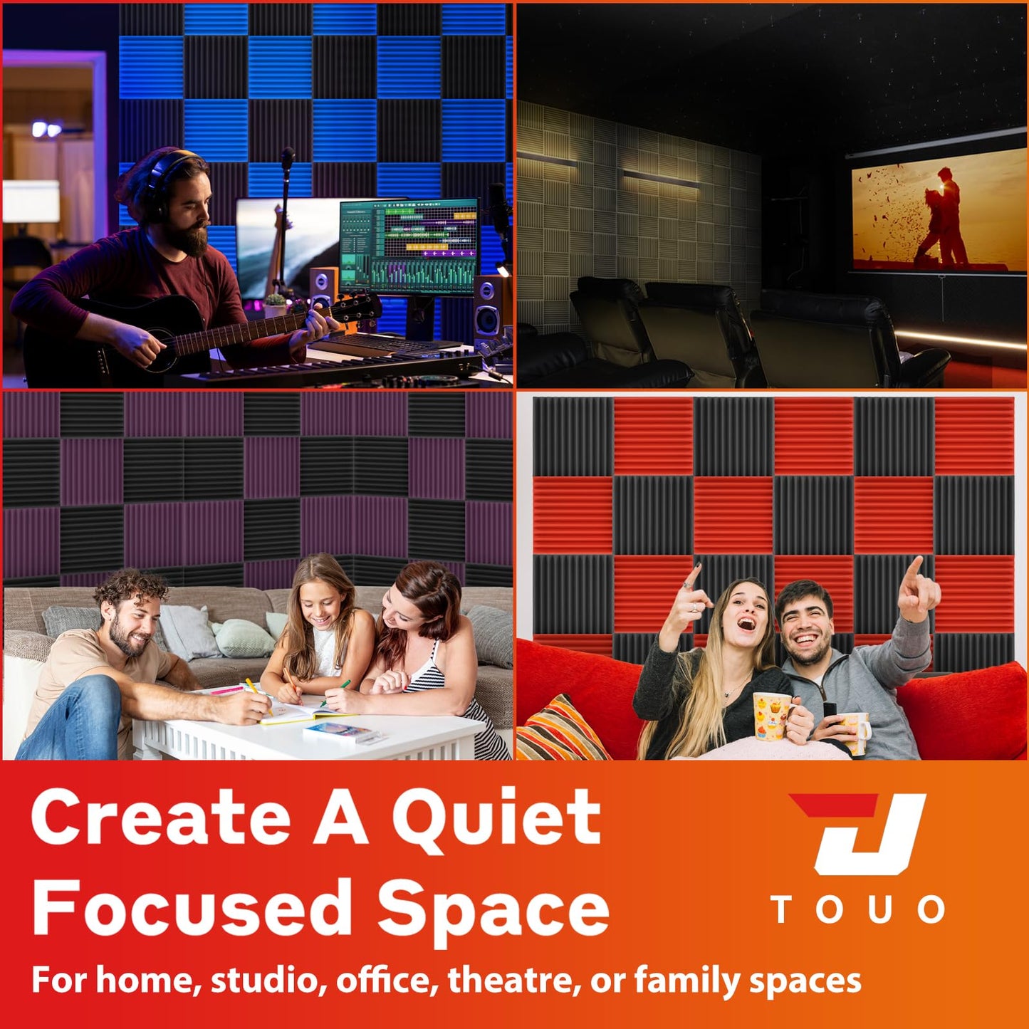TOUO 12 Pack Acoustic Panels – Sound Proof Foam Panels for Wall 12"x12"x1", Flame Retardant Wedge Acoustic Foam, High-Density Sound Absorbing Panels for Home Studio(Black, 1" Thick 12 Pack)