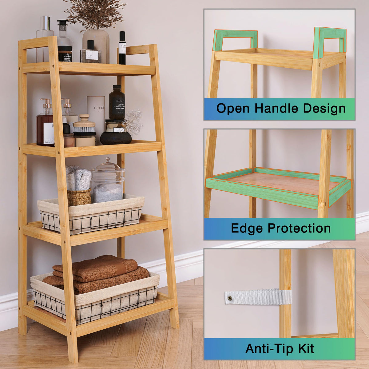 SMIBUY Bamboo Ladder Bookcase, Bathroom Storage Rack Organizer, 4 Tier and 5 Tier Freestanding Plant Display Stand Space Saver Shelves for Bedroom, Kitchen, Balcony (Natural, 4 Tiers (39" H))