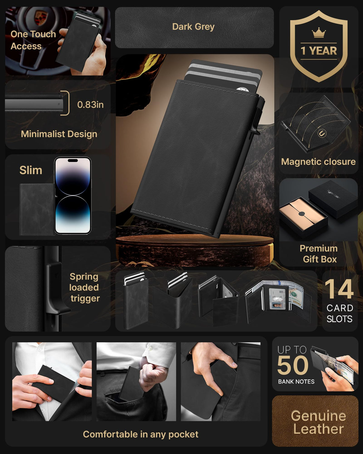 typecase Mens Wallet Card Holder: Pop Up Aluminum Case, Genuine Leather, Smart, RFID Blocking, Slim, Minimalist, Front Pocket - 9-14 Card Capacity | ID Window | Cash Slot - Oil Wax Black