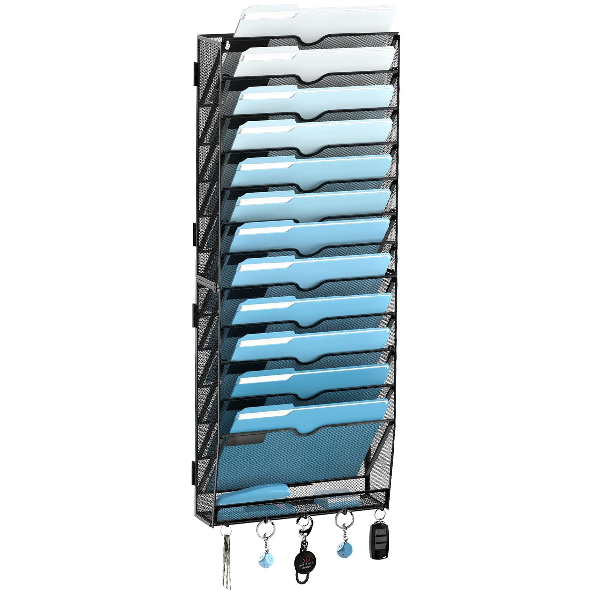 SUPEASY 13-Tier Wall File Organizer, Wall File Holder with Hooks, Mesh Hanging File Organizer, Mail Organizer Wall Mounted for Papers, Folders, Office Magazine Rack, Assembly Needed, Black