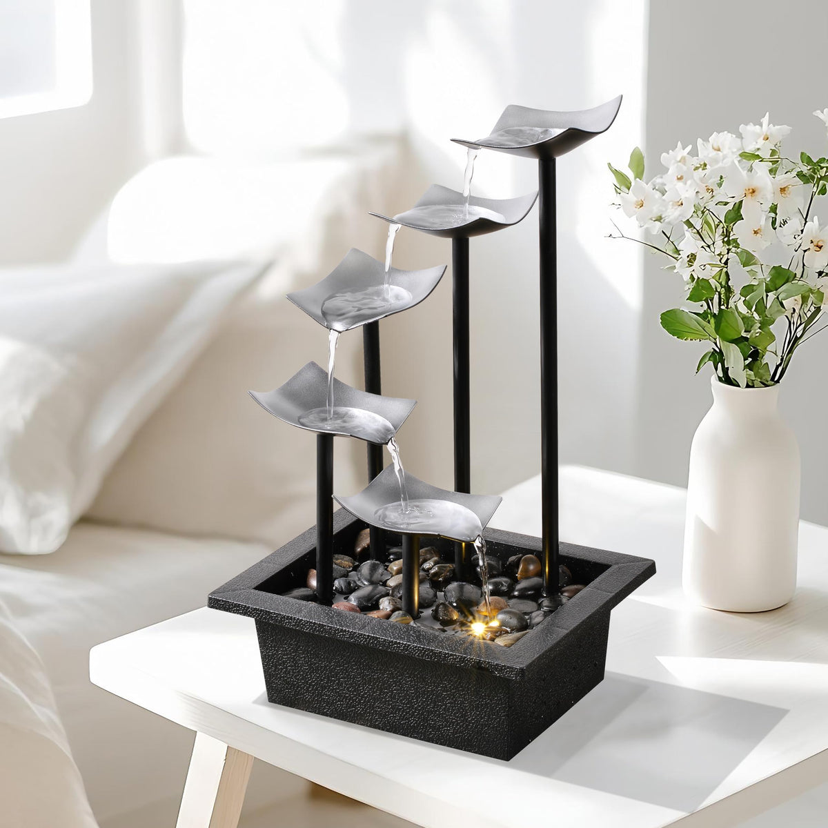 Zeitklang 14" Indoor Tabletop Fountain, 5-Tier Modern Waterfall with LED Light and Natural River Rocks, Home Bedroom and Office Relaxation Decor, Zen Desktop Water Feature for Home & Office Gift