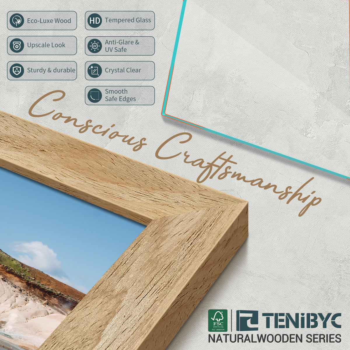 TENIBYC 12x18 Frame - 4 Pack, Natural Textured Wooden Poster Frame, HD Tempered Glass, Wall Hanging Decor for Room, Office, Gallery, Studio, and Hallway