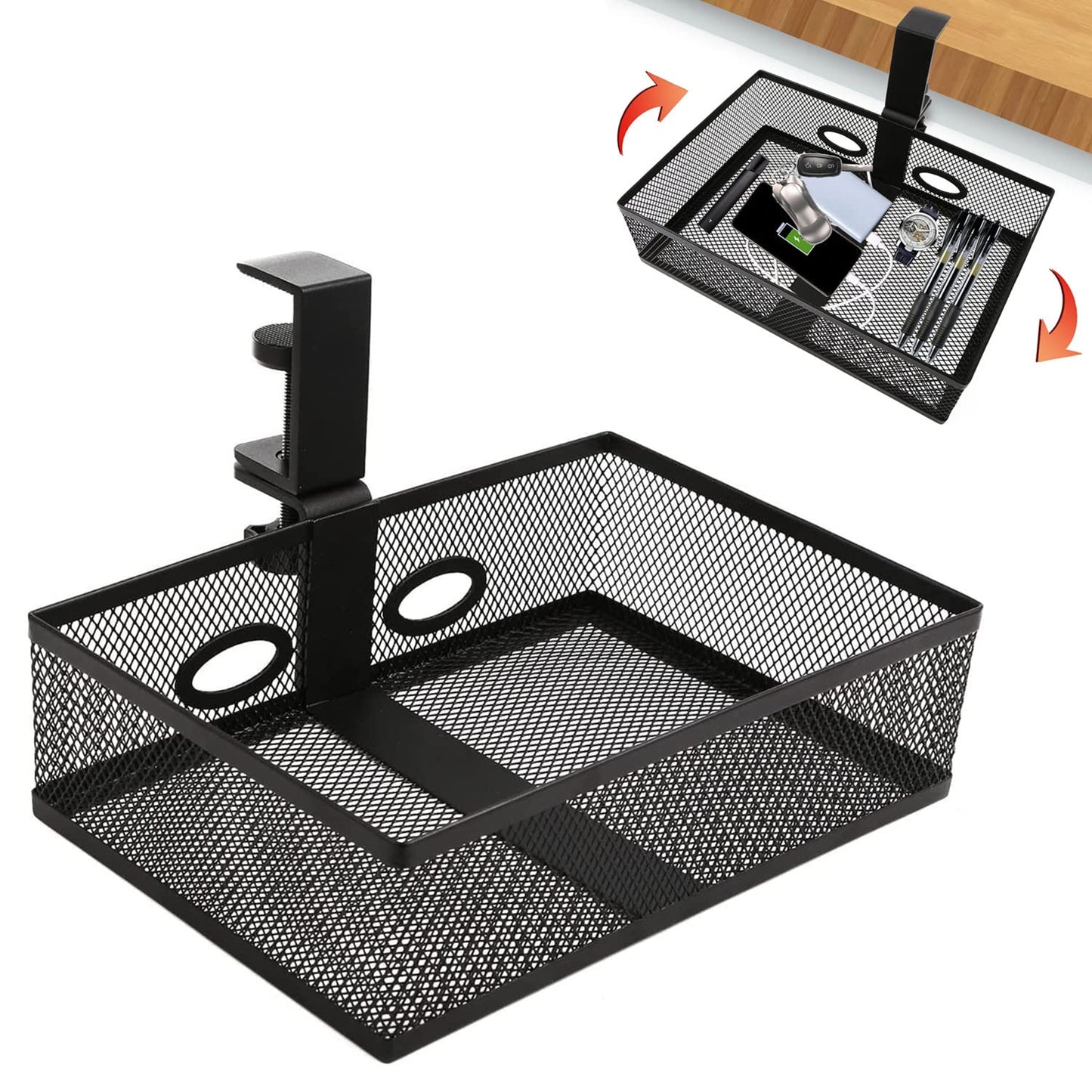 RHBLME Black Under Desk Drawer Storage - 360-Degree Rotating Desk Organizer Clamp-on Swivel Pencil Drawer Shelf for Office Tables