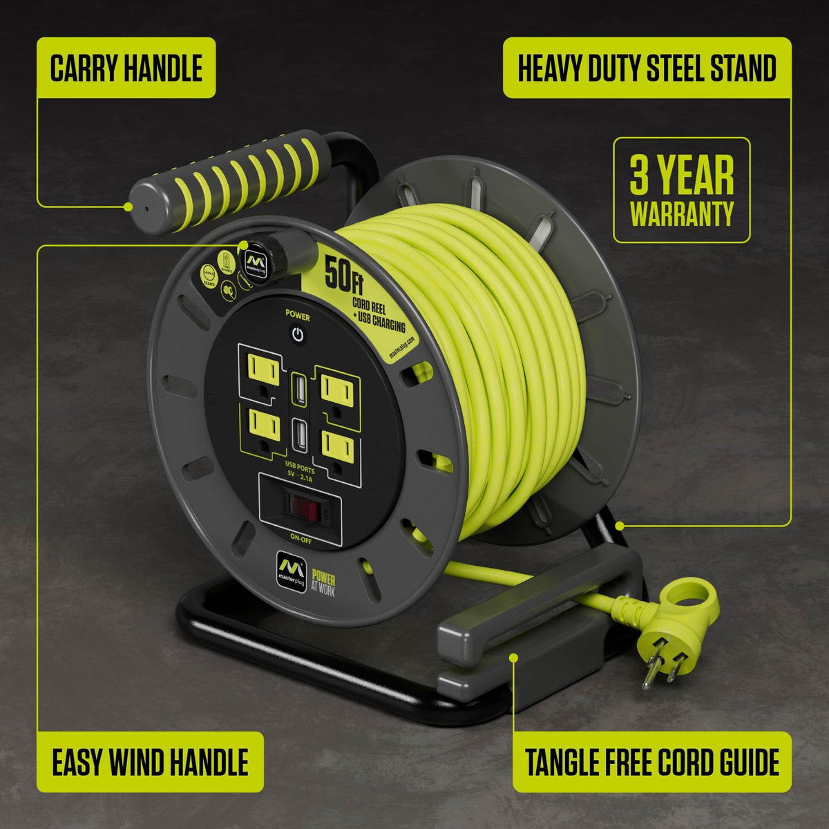 Masterplug 50ft Cord Reel, Retractable Extension Lead with Winding Handle, Safety Overload Circuit Breaker and Power Switch, 4X Grounded Outlets, 2X USB Ports, 13amps, 14AWG Cable