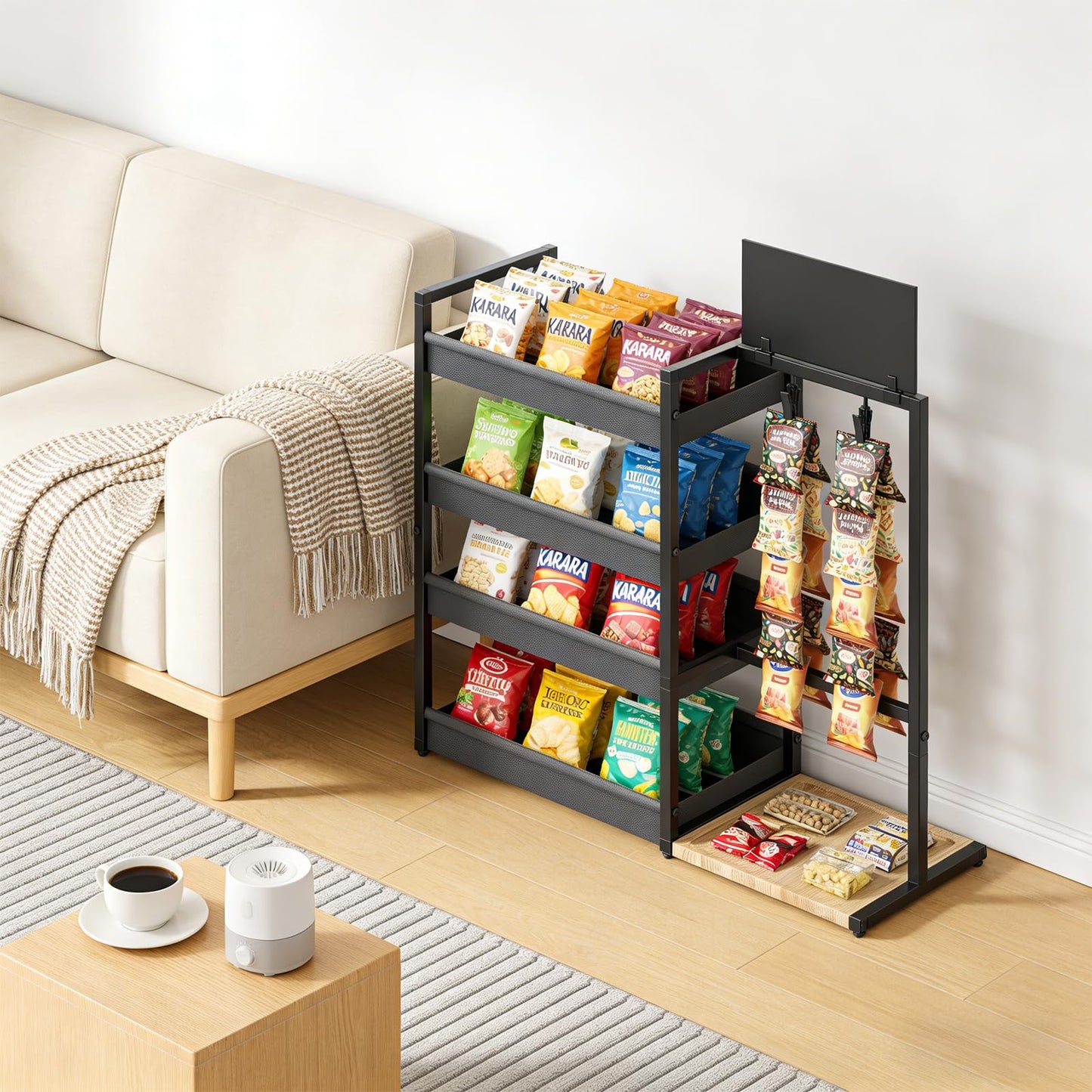 DEMEGA 4-Tier Snack Organizer with 20 Clips, Large Capacity Snack Rack with Message Board, Modern Industrial Snack Cart for Kitchen Office Store Party Countertop, Matte Black Metal & Oxford Fabric Snack Storage