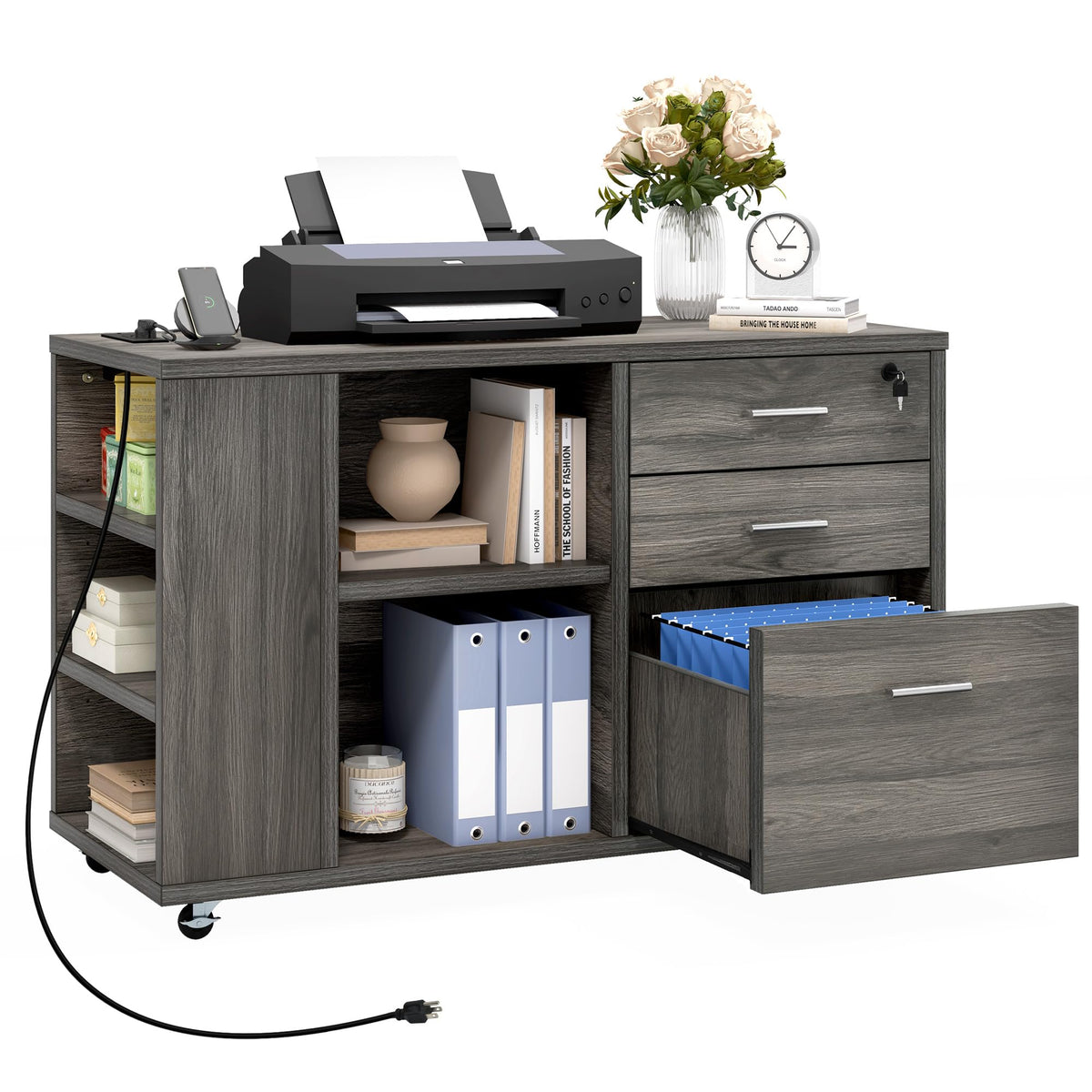 DWVO File Cabinet with Charging Station, 3 Drawer Mobile Filing Cabinet with Lock, Printer Stand with Open Storage Shelf for Home Office, Grey