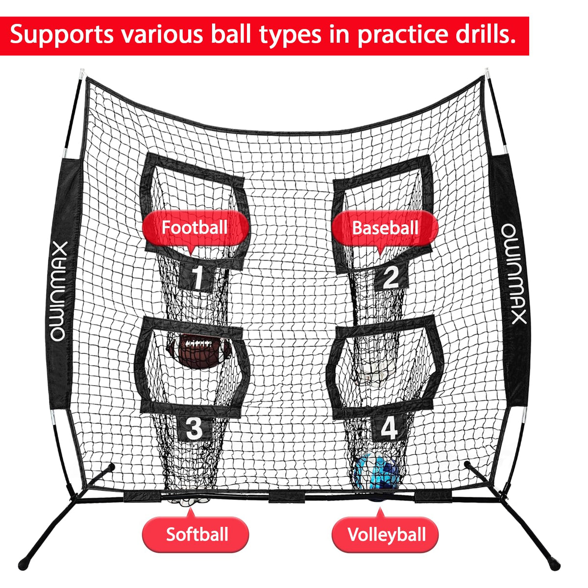 Owinmax 6x6 ft Football Trainer Throwing Net, Training Target Practice with 4 Targets, Includes Carry Bag and Ground Stake, Black and Red, Great for Kids and Youth