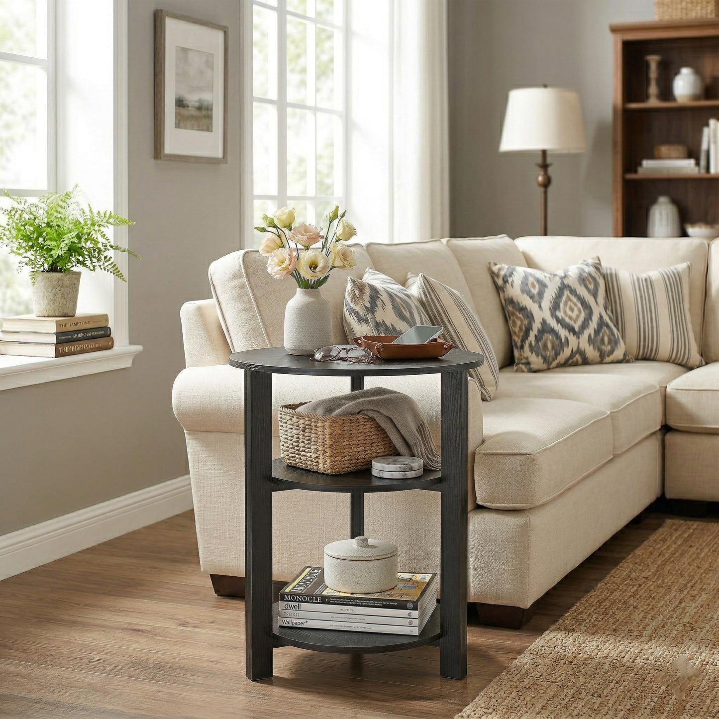 ZEXVIDA Farmhouse 3-Tier Round Side Table, 17.7*21.7Inch End Table with Open Storage,Modern Bedside Couch Accent Table for Living Room, Bedroom, Office，Wooden Table for Narrow and Small Spaces, Black