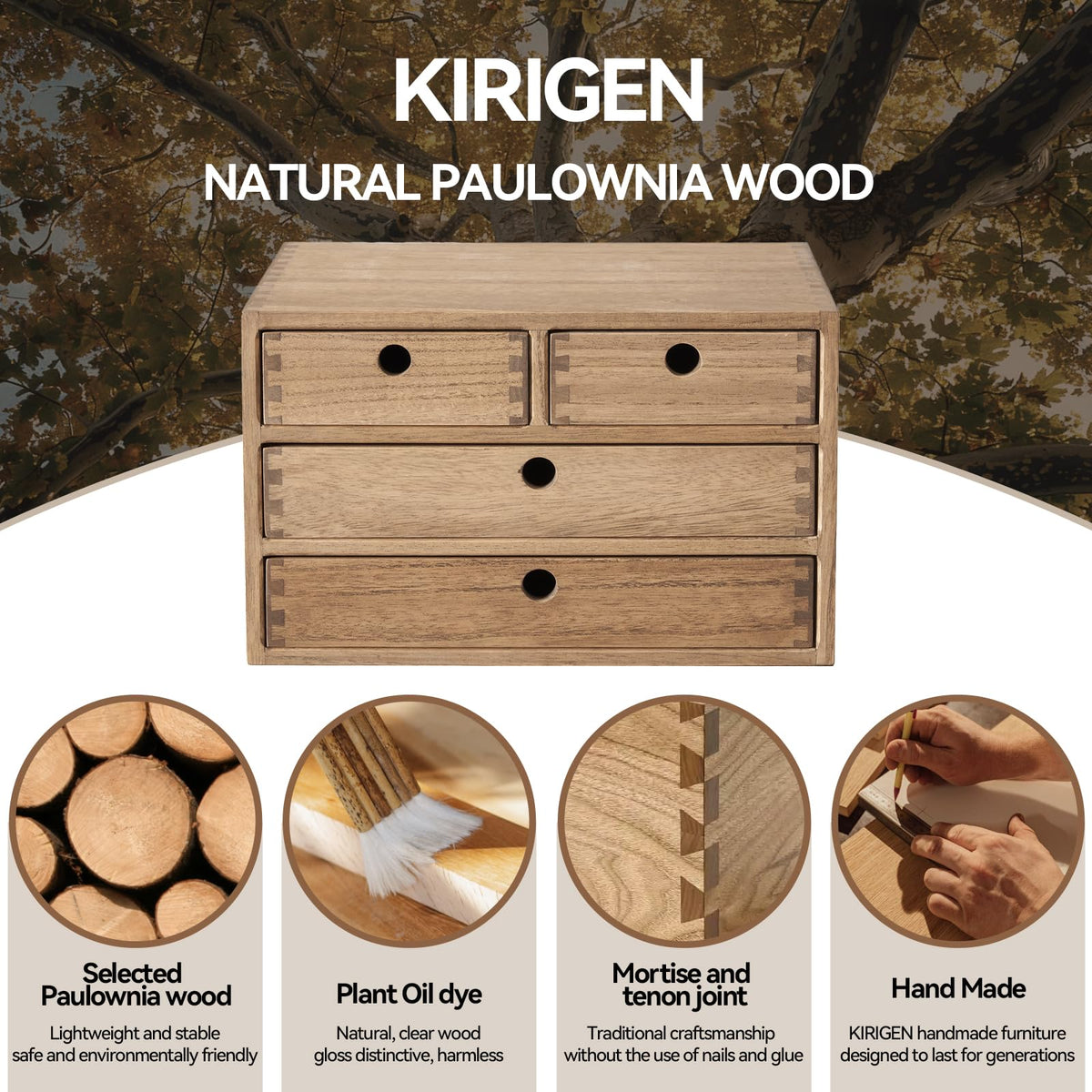 KIRIGEN Wood Desktop Storage Cabinet with 4 Drawers, 3-Tier Desk Organizer for Letter-Size Paper, Mail, Home Office Supplies, Makeup, Crafts, Desk or Countertop, Fully Assembled, Brown WJG34-DBR
