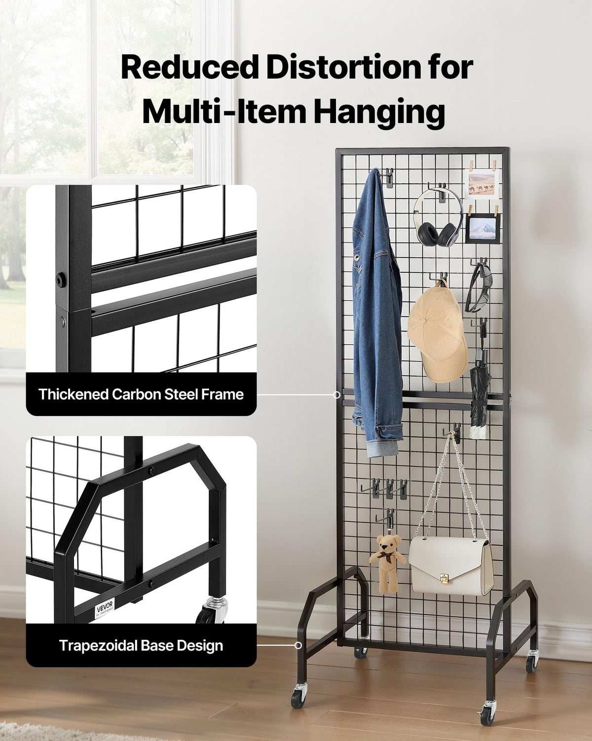 VEVOR 3 Packs Grid Wall Panels, 1.9 x 5.4 ft Wire Grid Panels Display Rack, Movable Art Display Shelf with Wheels and 30 Hooks, Black Carbon Steel Gridwall for Craft Show, Decor, Storage, Notice Board