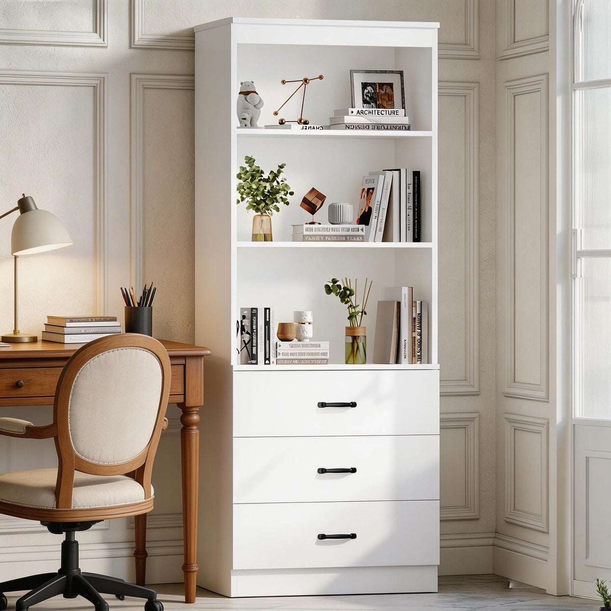 OneBlis 70" H Bookshelf with Drawers, Tall Bookcase with 3-Tier Open Shelves, Bookshelf and Bookcase with Storage Cabinet for Home Office,Living Room(White, 6-Tier)