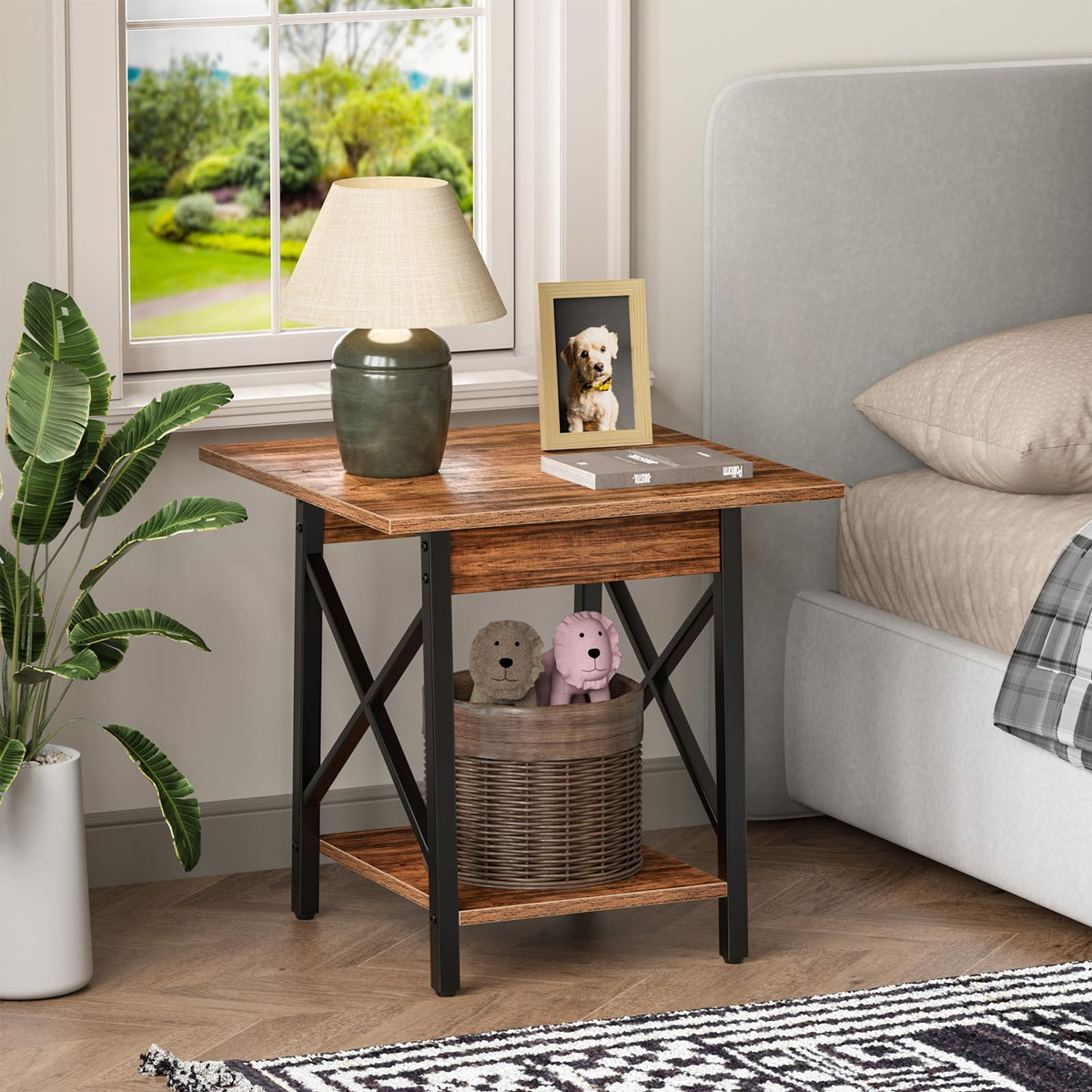 GreenForest End Table 24 inch for Living Room, Large Square Side Tables with X-Frame, Tall Industrial Bedside Nightstand with 2-Tier Storage, Rustic Walnut