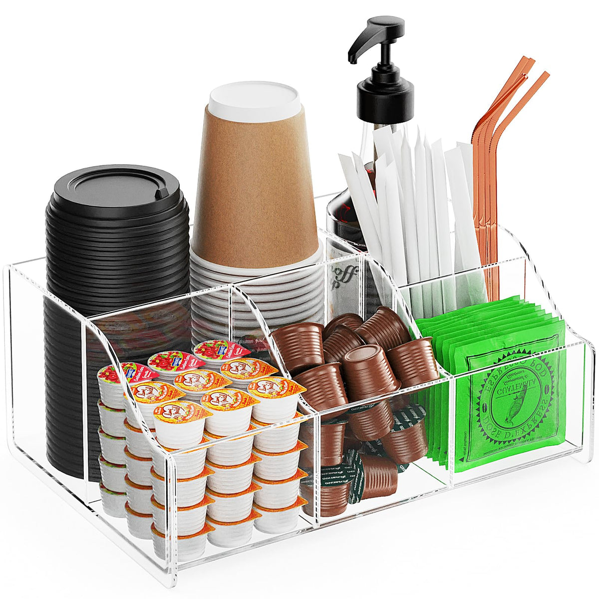 Upitry Acrylic Coffee Bar Organizer Station - Multiple Compartments - Kitchen Bar Tools Storage Rack - Beverage Station Organizer for Coffee Creamer Syrup