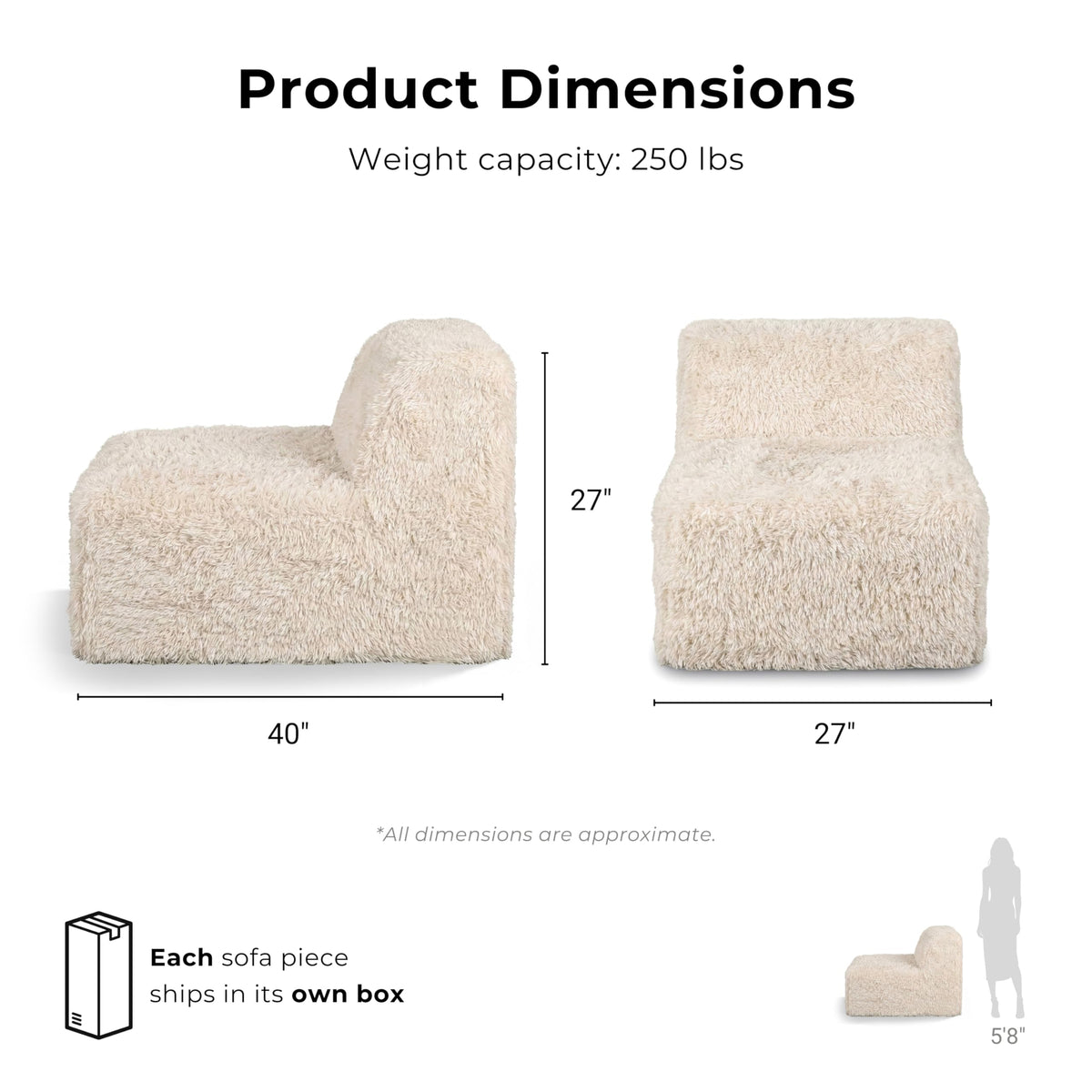 Furniture of America Havyn Modern Faux Fur 1-Seater Modular Armless Foam Sofa Chair with Deep Seat, Compressed Couch in a Box, No Assembly Required, for Living Room and Office, Black