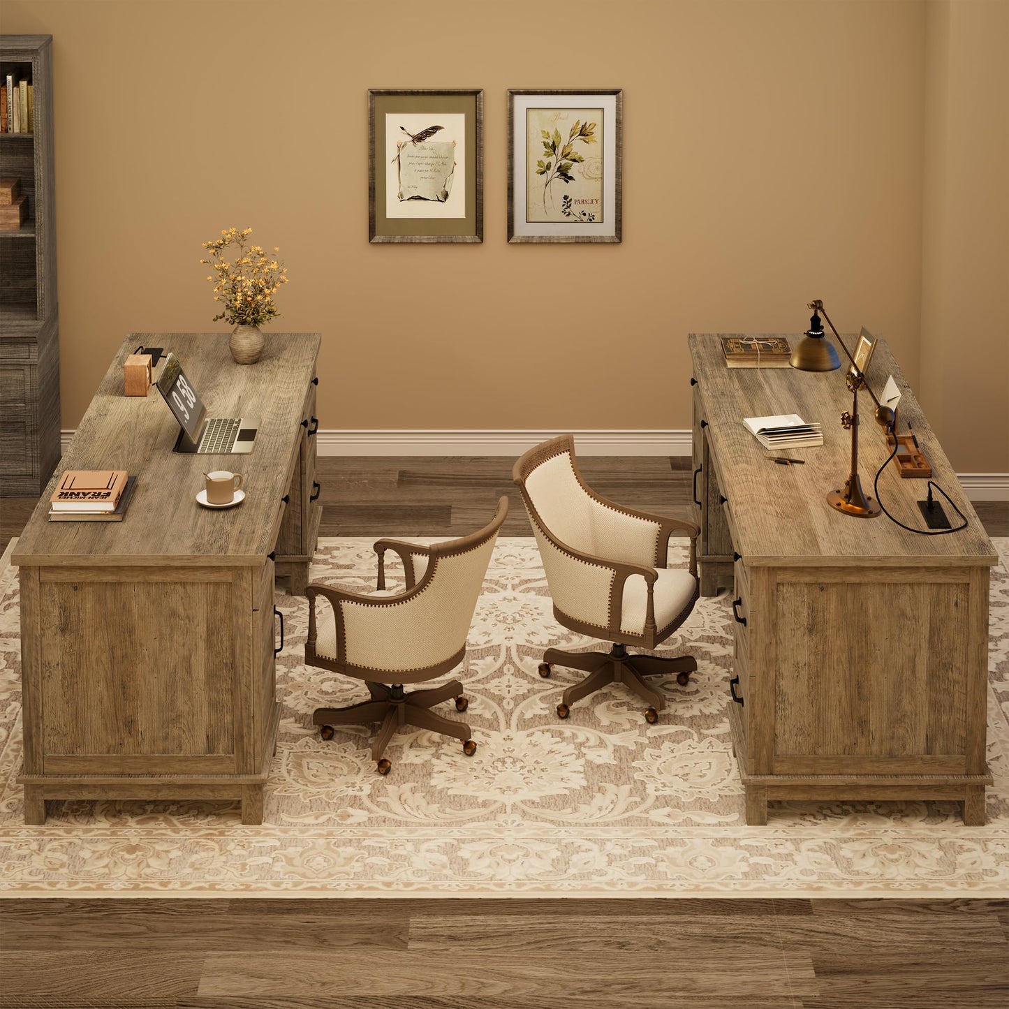 Garvee 60" Wooden Home Office Desk with File Drawers, Executive Desk with Adjustable Cabinet, Farmhouse Wood Desk with Power Outlet, Distressed Study and Work Table, Rustic Grey