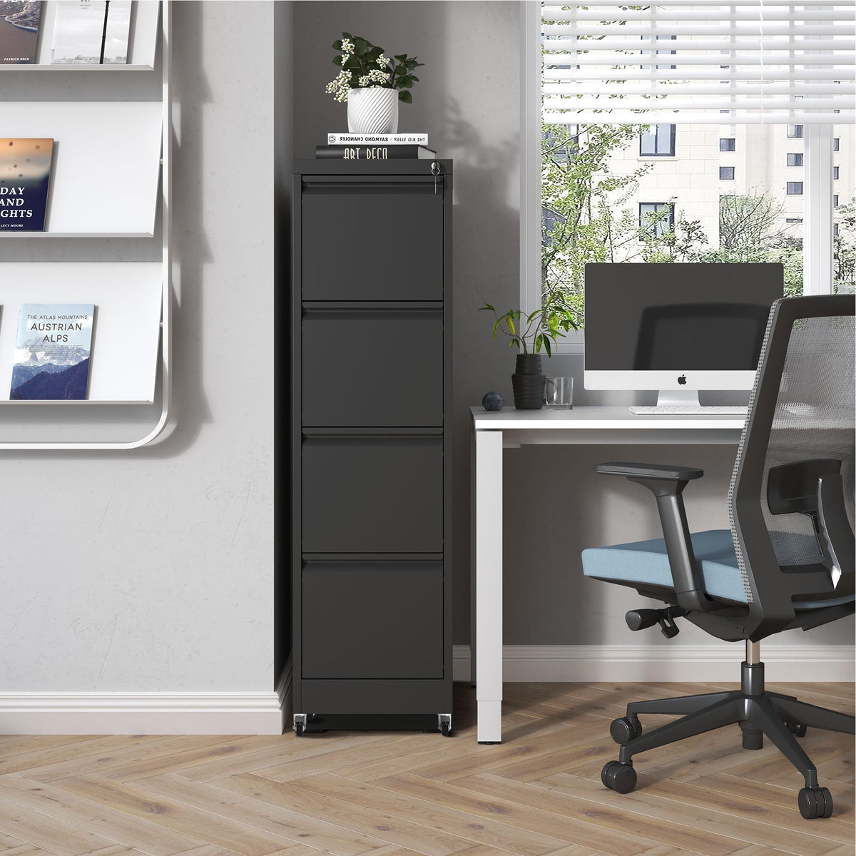 FOSTOKO File Cabinet with Lock, 4 Drawers Filing Cabient with Wheel, Steel Vertical Filing Storage Cabinet for Home Office, Heavy-Duty File Cabinets for Letters/Legal/A4 (Require Assembly, Black)