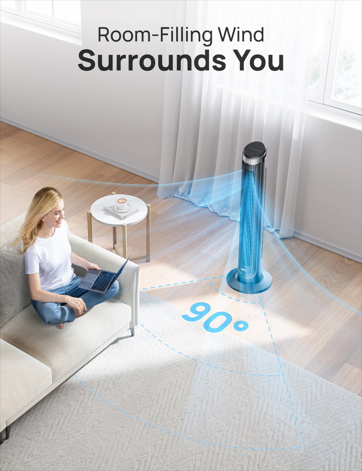 DREO Tower Fan for Bedroom, 90° Oscillating Fans that Blow Cold Air, 5 Speeds, 4 Modes with 26ft/s Velocity, 12H & 28dB Quiet Timer, Remote, Touch, 40" Standing Floor Fan for Home Office, Black