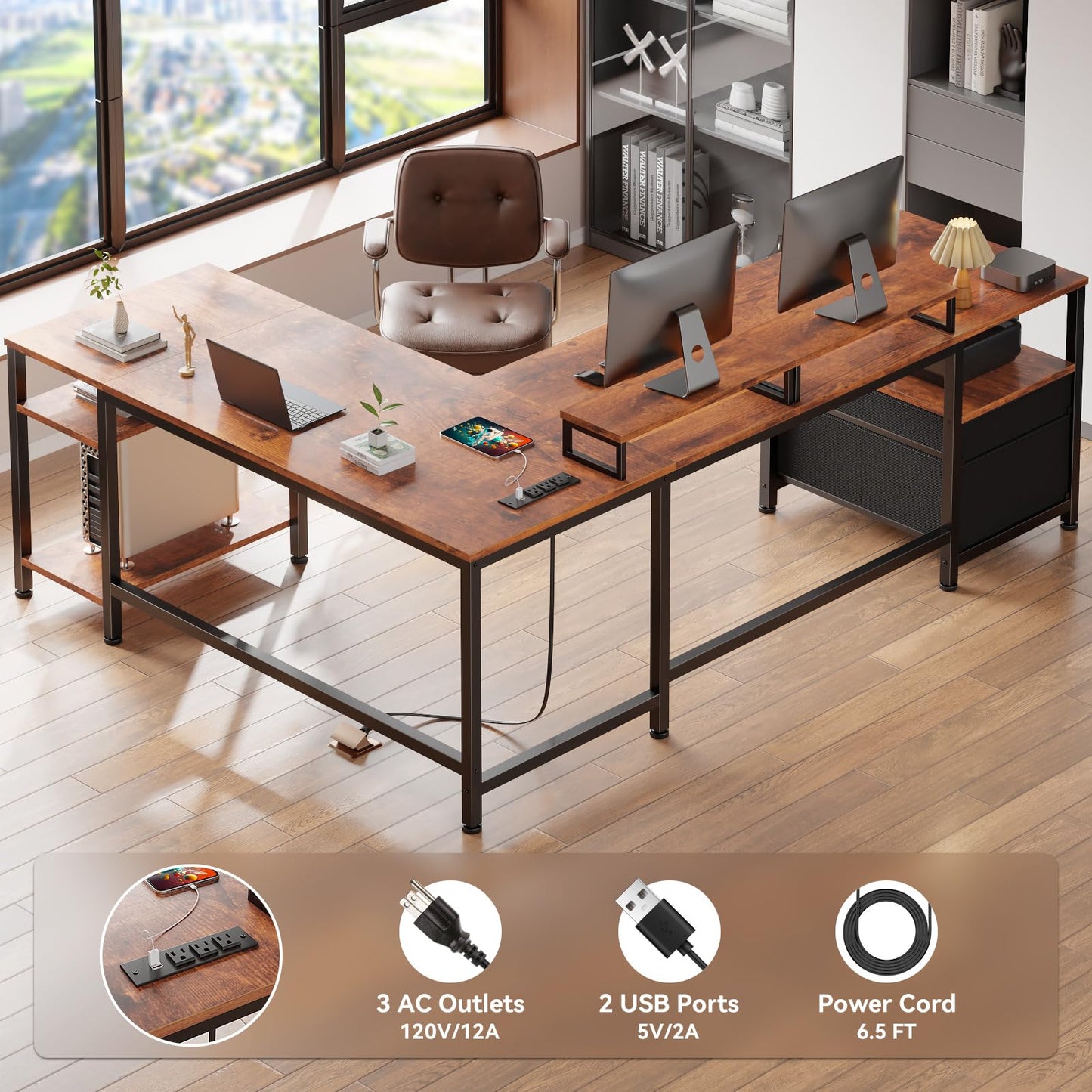 Furologee 66” L Shaped Desk with Power Outlet, Reversible Home Office Desk with File Drawer, 2 Monitor Stands, Storage Shelves, Corner Computer Table for Gaming, Writing, Rustic Brown
