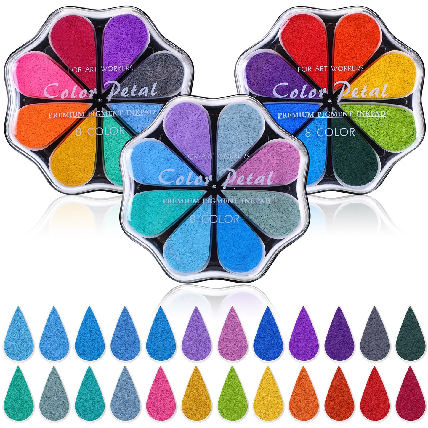 Jetec 3 Pack Petal Ink Pads Finger Ink Stamp, Rainbow Rubber Stamps Washable Waterdrop Shaped Stamp Pads for Card Making, Scrapbook, Painting(Classic 24 Colors,3 Packs)