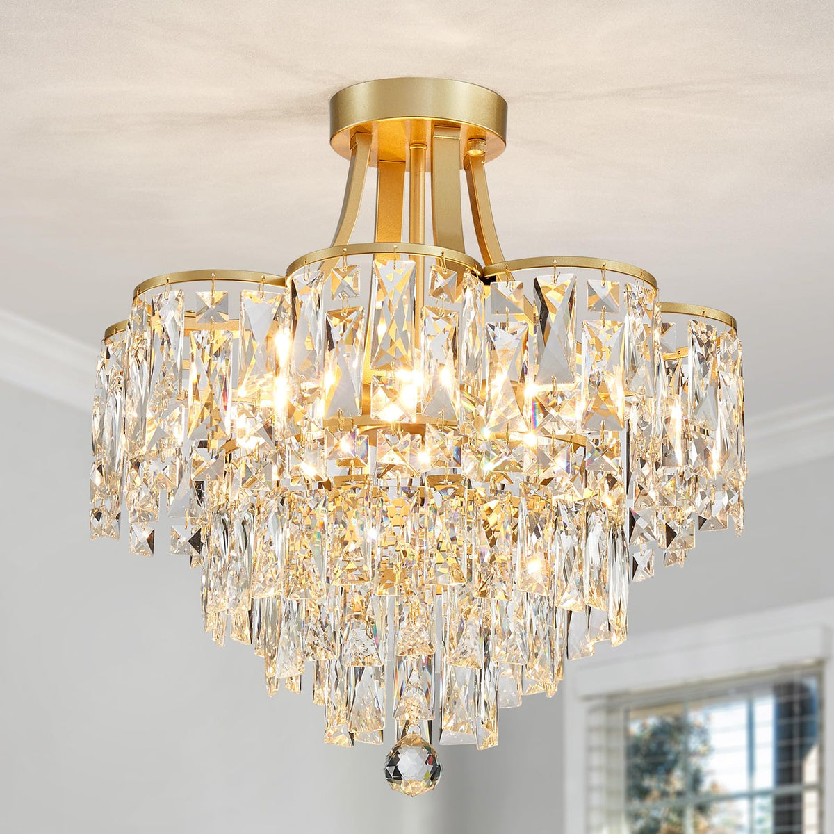 WUZUPS Crystal Chandelier Semi-Flushmount Ceiling Light Modern Lighting Fixture for Bedroom Hallway Entry Kitchen Bathroom, H 19.3" x W 18.3", E12 Base, Gold