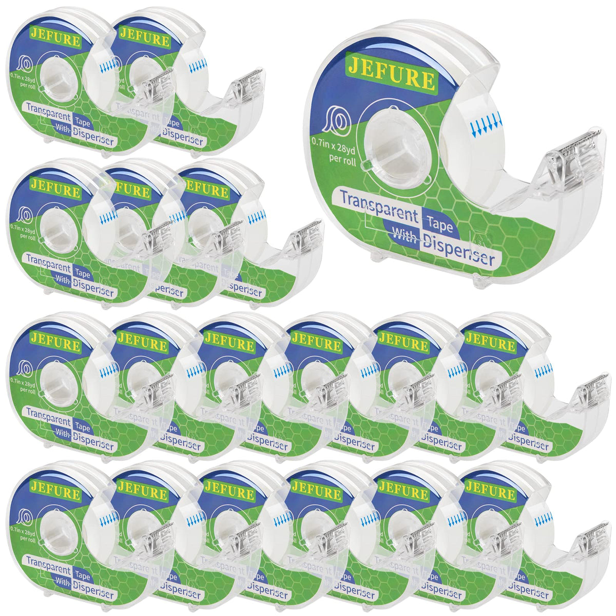 JEFURE 18 Pcs Transparent Tape with Dispenser, 0.7 x 1000 in Clear Tape Rolls Bulk, Office Tape Refills for Desk, Craft, and Gift Wrapping
