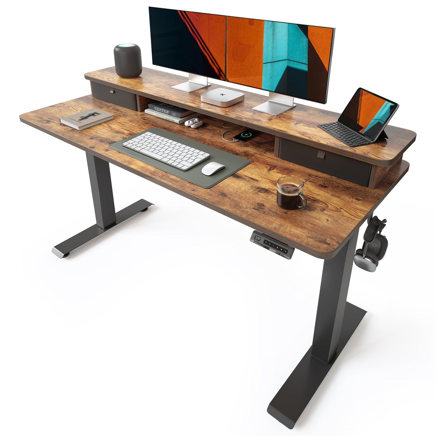 BANTI 55 x 24 Inch Electric Height Adjustable Standing Desk, Ergonomic Home Office Desk with Double Drawers, 4 Adjustable Feet & 2 Hooks, Computer Workstation for Study/Office, Rustic Brown