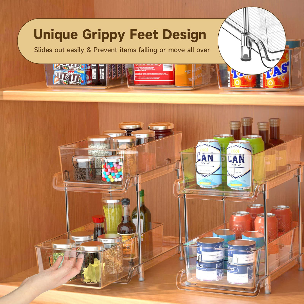 HIHEGD 2 Tier Bathroom Storage With Dividers, Clear Under Sink Pull Out Organizer for Kitchen Pantry, Medicine Cabinet